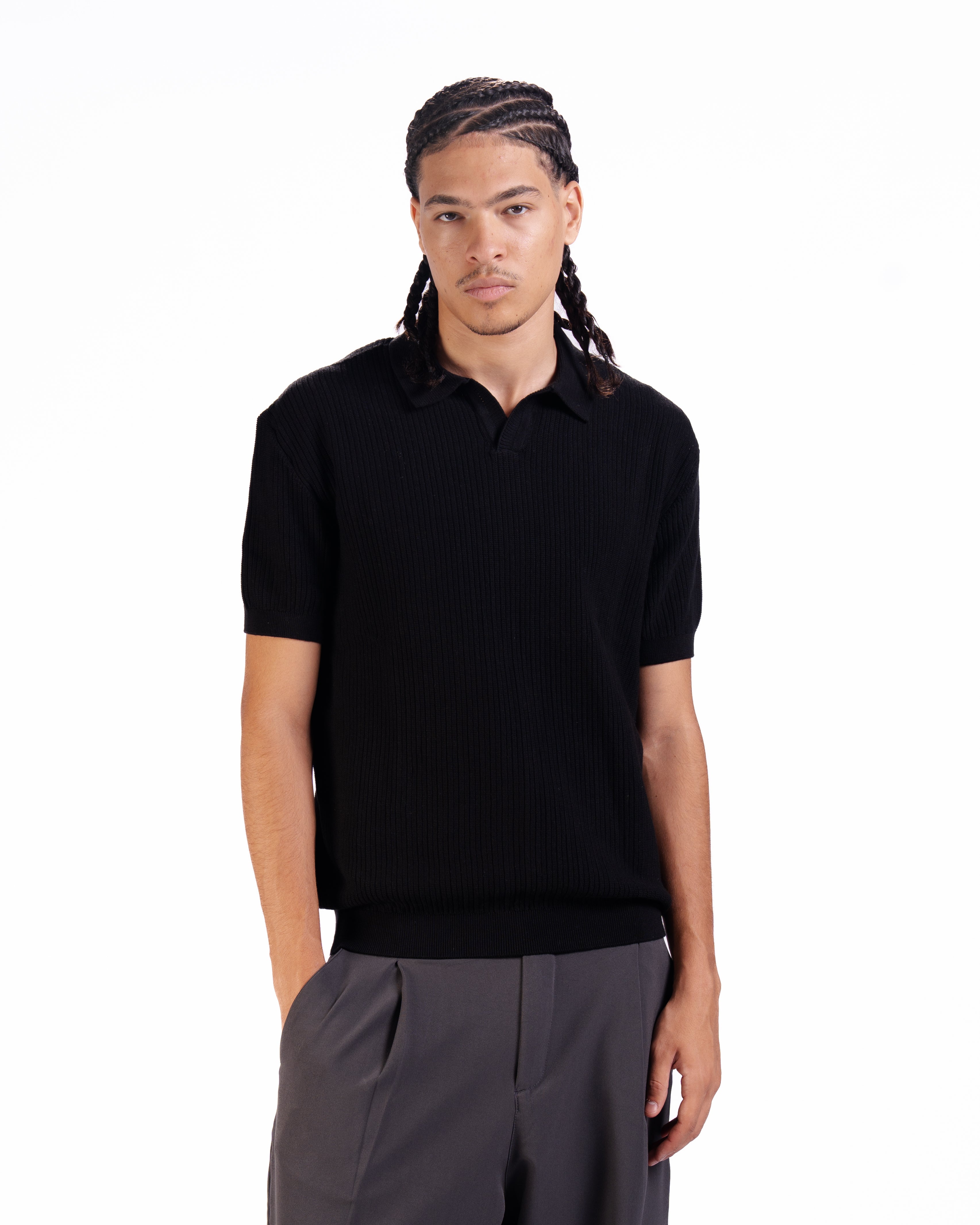 Rib Knit Polo in Black