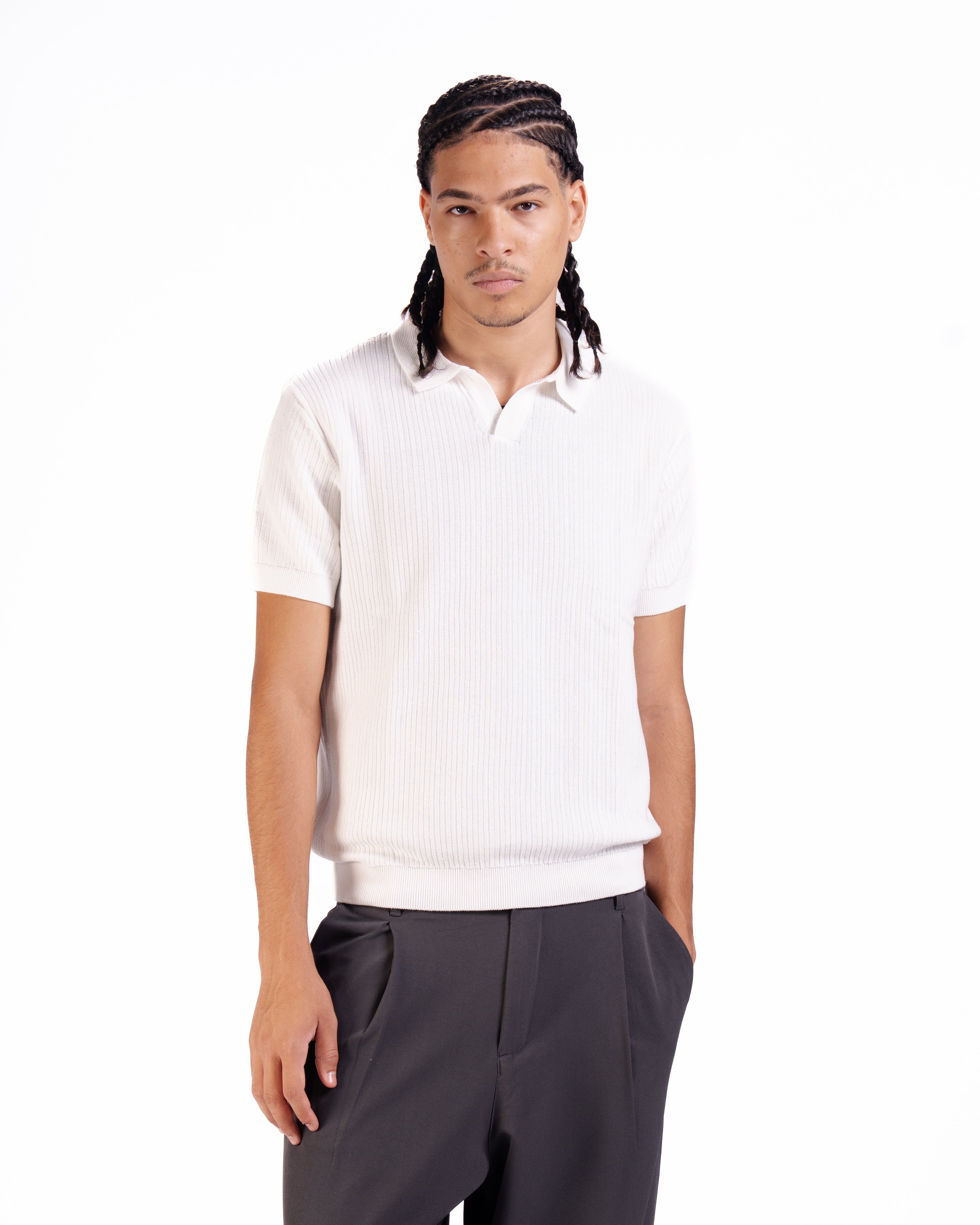 Rib Knit Polo in Off-White