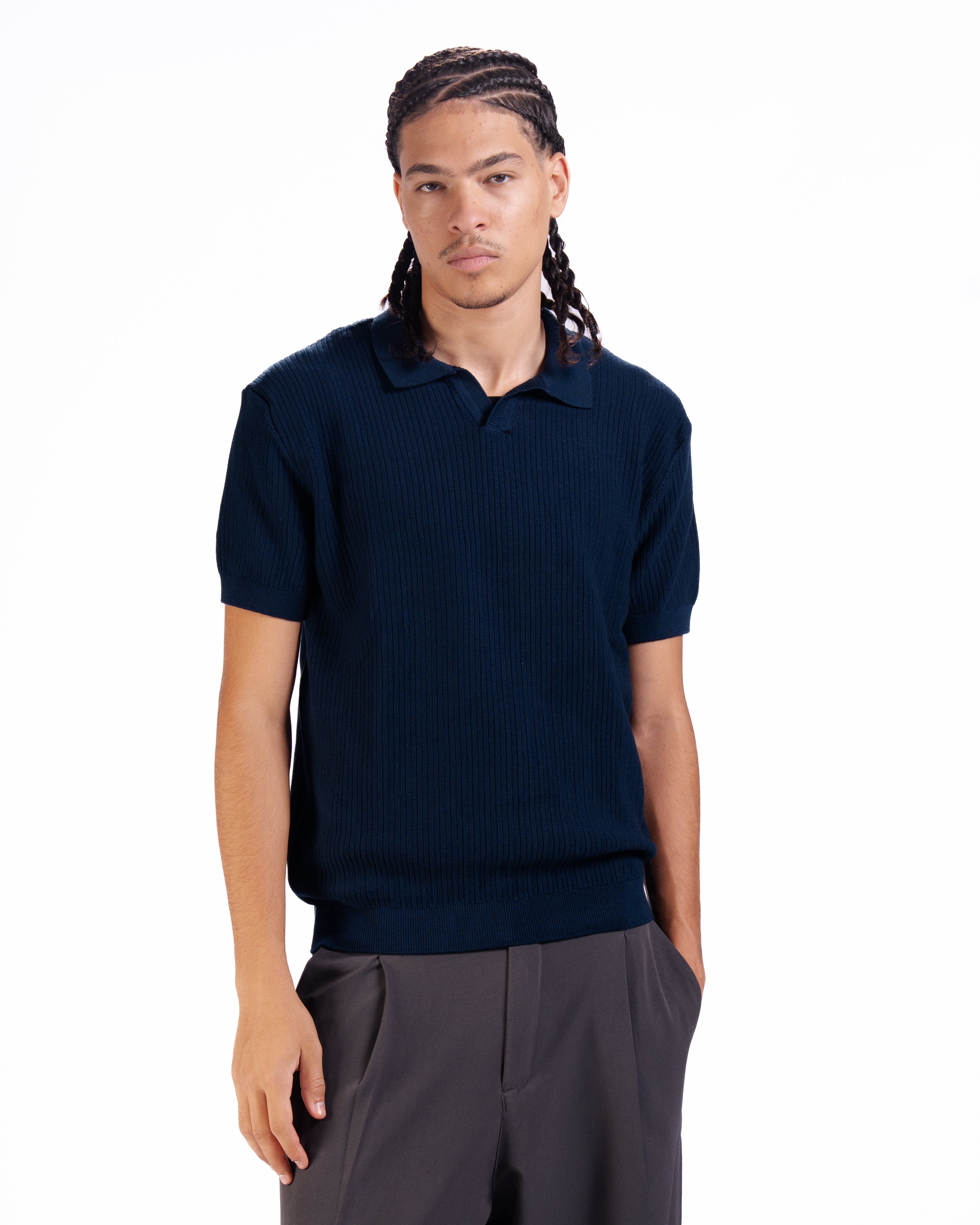 Rib Knit Polo in Midnight Blue